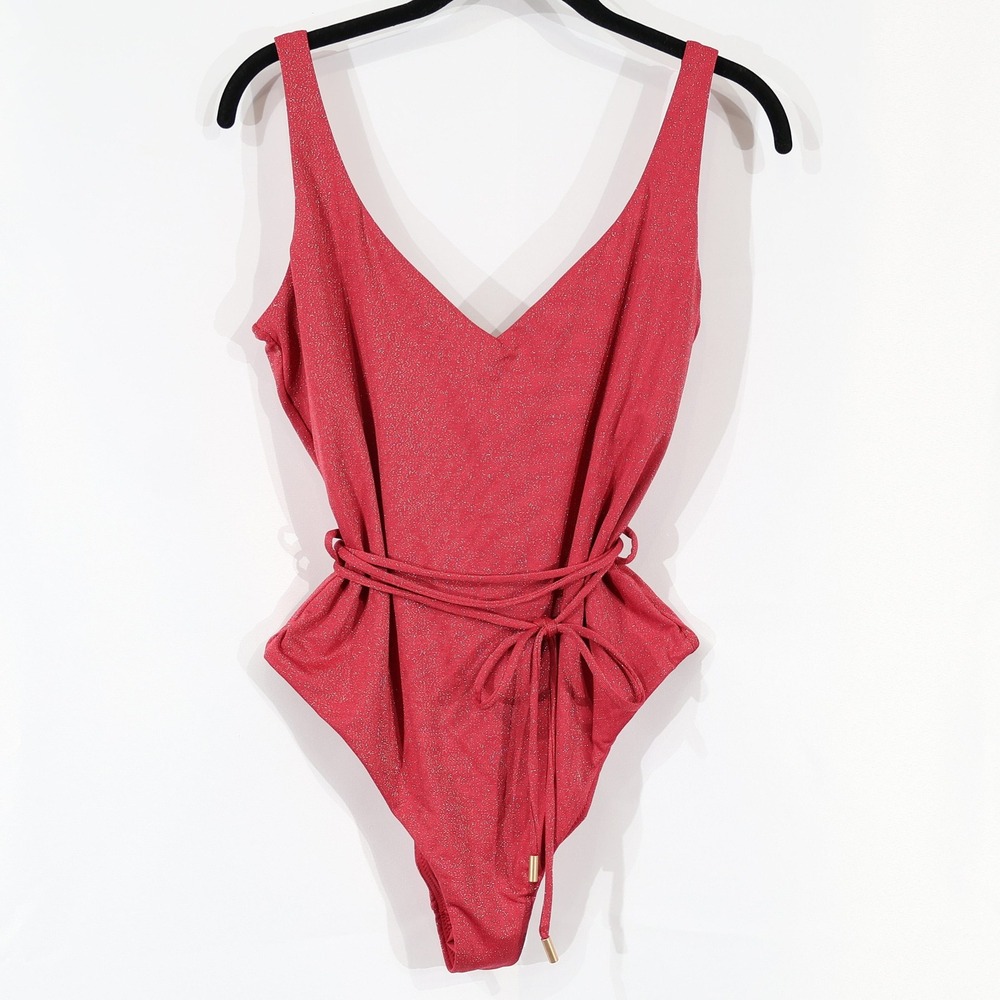 AQUA Swim Plunge One-Piece Swimsuit Women L Pink Gold Shimmer Tie Waist $108 NWT